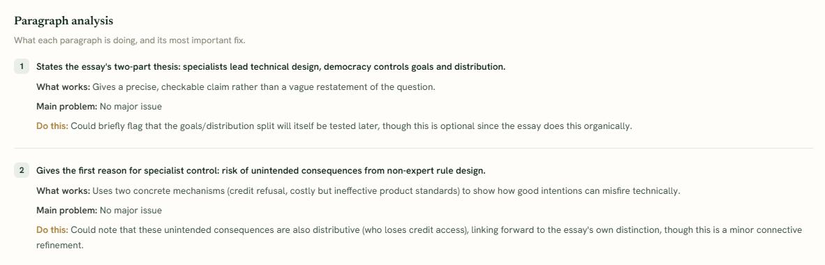 Paragraph analysis showing what works, the main problem, and what to do